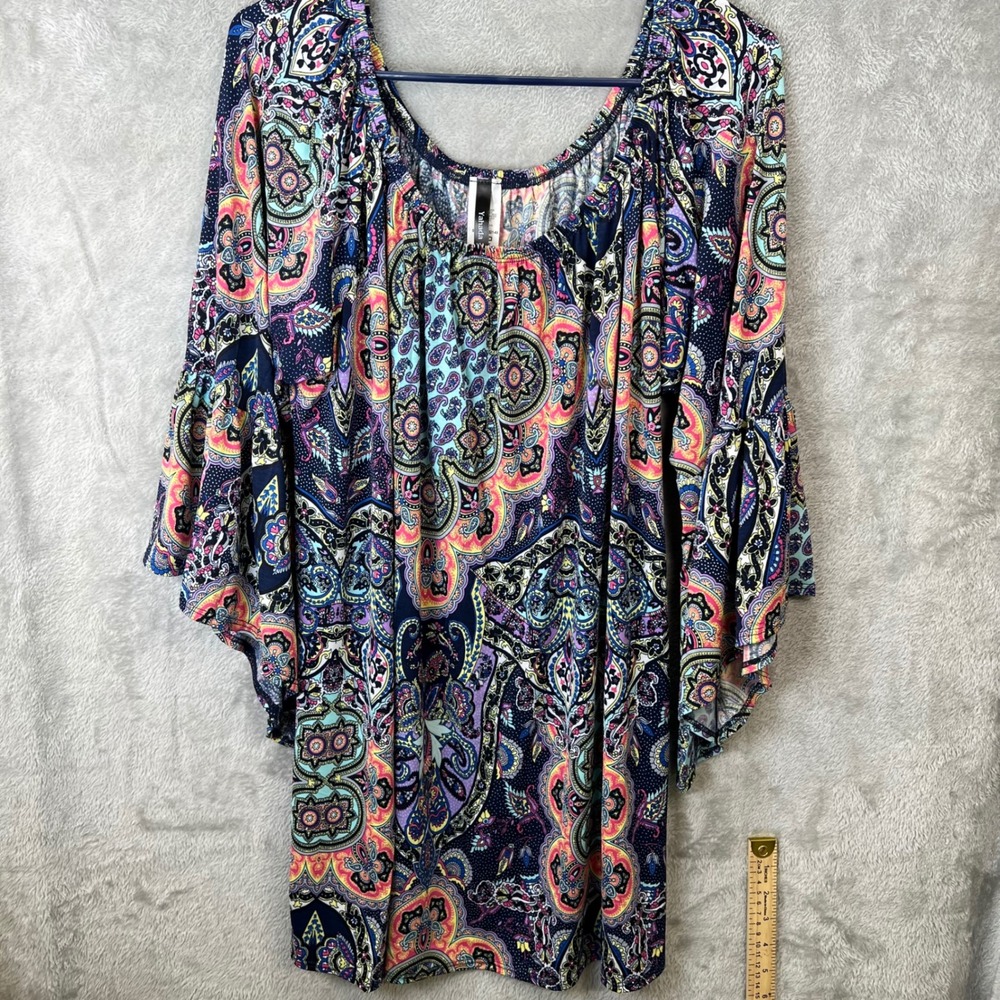 Yahada Womens 3X Paisley Bell‎ Sleeve Blouse Navy Pink Boho Peasant Festival Mod